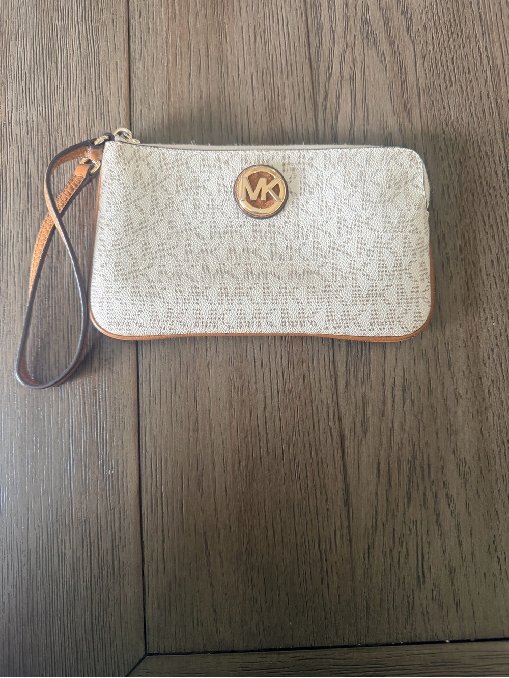 Michael Kors Beige and Tan Logo Interior Wristlet